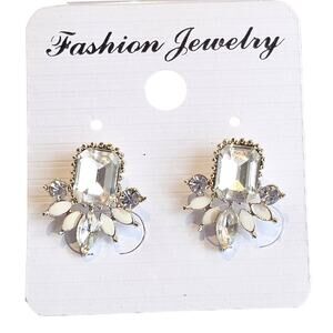 White Stud Earrings Crystal Rectangle Rhinestone Women Jewelry w/ Gift Bag